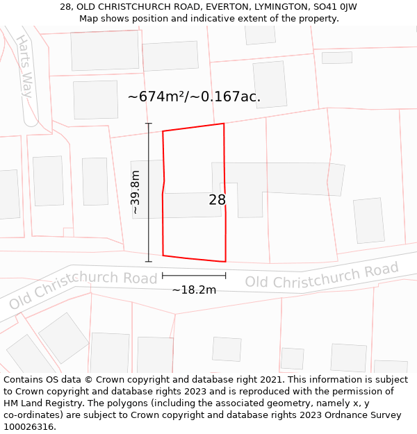 28, OLD CHRISTCHURCH ROAD, EVERTON, LYMINGTON, SO41 0JW: Plot and title map