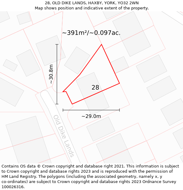 28, OLD DIKE LANDS, HAXBY, YORK, YO32 2WN: Plot and title map