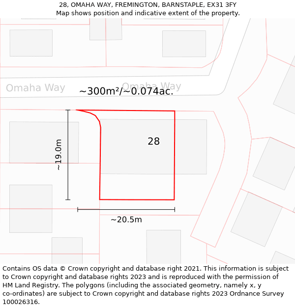 28, OMAHA WAY, FREMINGTON, BARNSTAPLE, EX31 3FY: Plot and title map