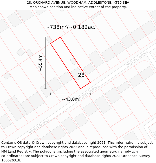 28, ORCHARD AVENUE, WOODHAM, ADDLESTONE, KT15 3EA: Plot and title map