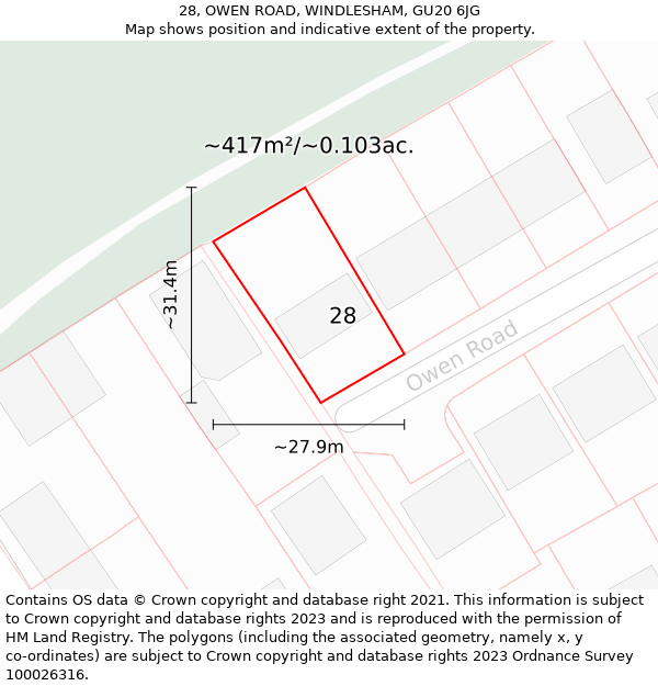 28, OWEN ROAD, WINDLESHAM, GU20 6JG: Plot and title map