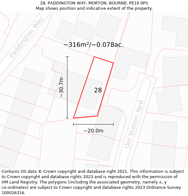 28, PADDINGTON WAY, MORTON, BOURNE, PE10 0PS: Plot and title map