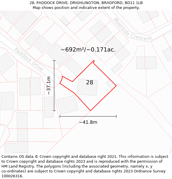 28, PADDOCK DRIVE, DRIGHLINGTON, BRADFORD, BD11 1LB: Plot and title map