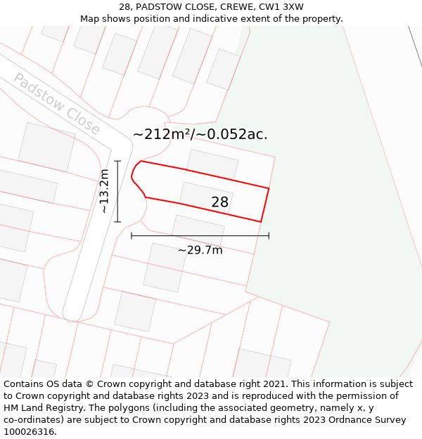 28, PADSTOW CLOSE, CREWE, CW1 3XW: Plot and title map