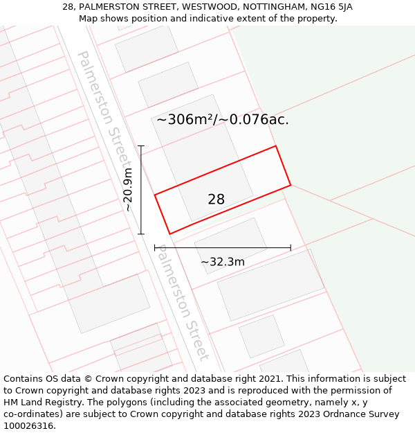 28, PALMERSTON STREET, WESTWOOD, NOTTINGHAM, NG16 5JA: Plot and title map