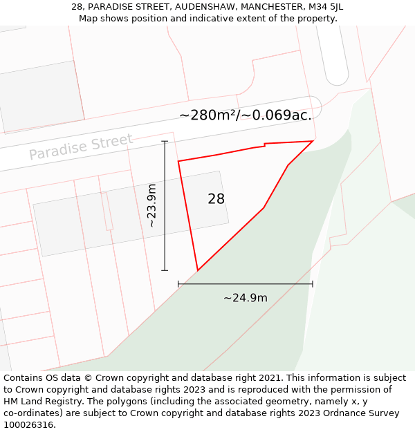 28, PARADISE STREET, AUDENSHAW, MANCHESTER, M34 5JL: Plot and title map