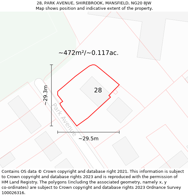 28, PARK AVENUE, SHIREBROOK, MANSFIELD, NG20 8JW: Plot and title map