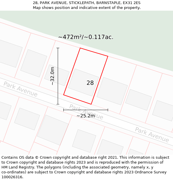 28, PARK AVENUE, STICKLEPATH, BARNSTAPLE, EX31 2ES: Plot and title map