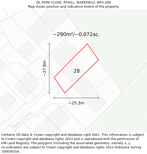 28, PARK CLOSE, RYHILL, WAKEFIELD, WF4 2QX: Plot and title map