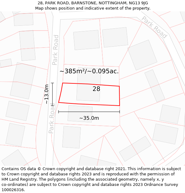 28, PARK ROAD, BARNSTONE, NOTTINGHAM, NG13 9JG: Plot and title map