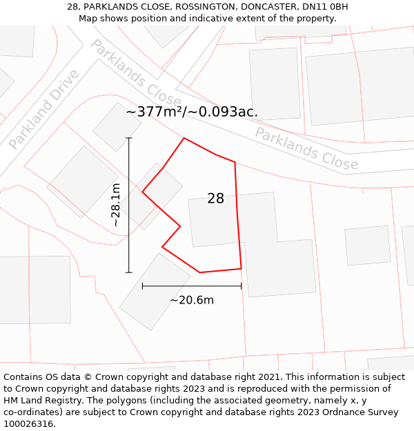 28, PARKLANDS CLOSE, ROSSINGTON, DONCASTER, DN11 0BH: Plot and title map