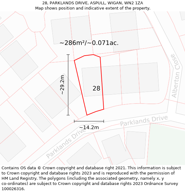 28, PARKLANDS DRIVE, ASPULL, WIGAN, WN2 1ZA: Plot and title map