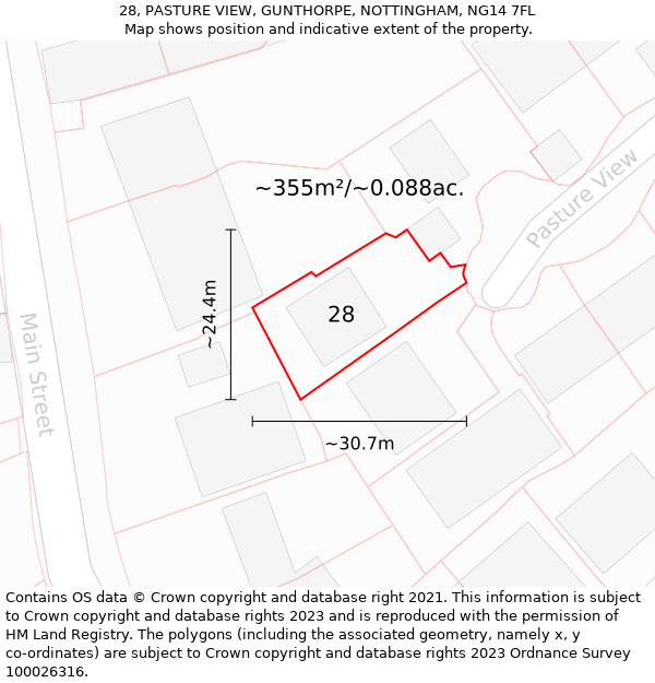28, PASTURE VIEW, GUNTHORPE, NOTTINGHAM, NG14 7FL: Plot and title map