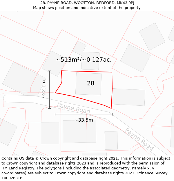 28, PAYNE ROAD, WOOTTON, BEDFORD, MK43 9PJ: Plot and title map