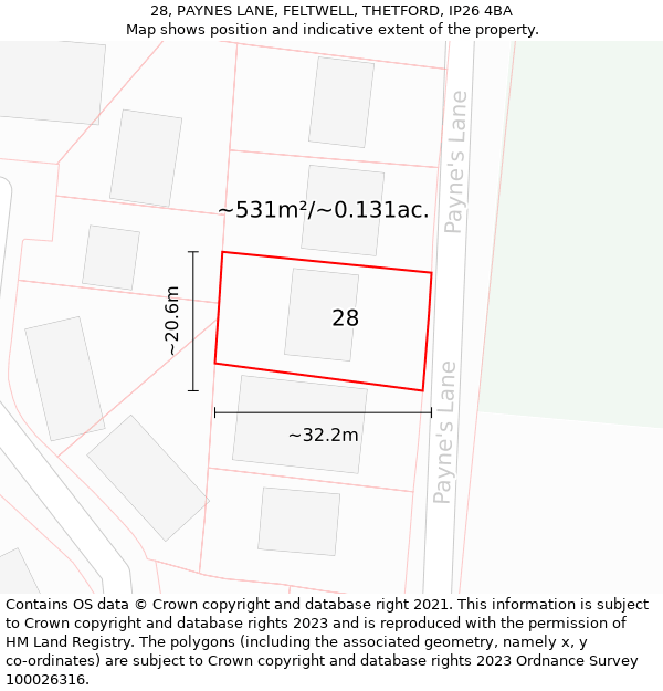 28, PAYNES LANE, FELTWELL, THETFORD, IP26 4BA: Plot and title map