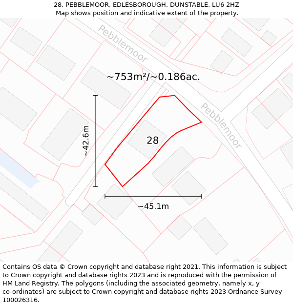 28, PEBBLEMOOR, EDLESBOROUGH, DUNSTABLE, LU6 2HZ: Plot and title map