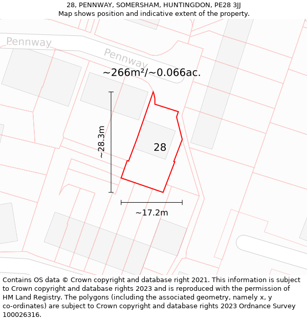 28, PENNWAY, SOMERSHAM, HUNTINGDON, PE28 3JJ: Plot and title map