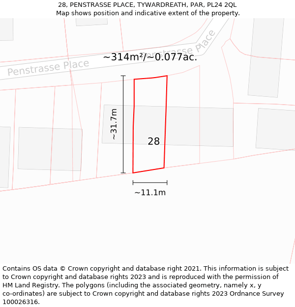 28, PENSTRASSE PLACE, TYWARDREATH, PAR, PL24 2QL: Plot and title map