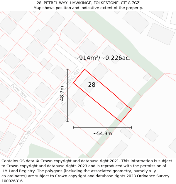 28, PETREL WAY, HAWKINGE, FOLKESTONE, CT18 7GZ: Plot and title map