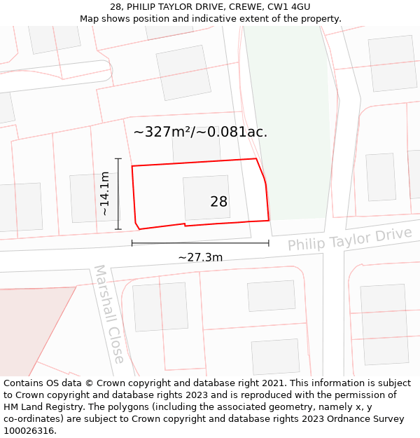 28, PHILIP TAYLOR DRIVE, CREWE, CW1 4GU: Plot and title map