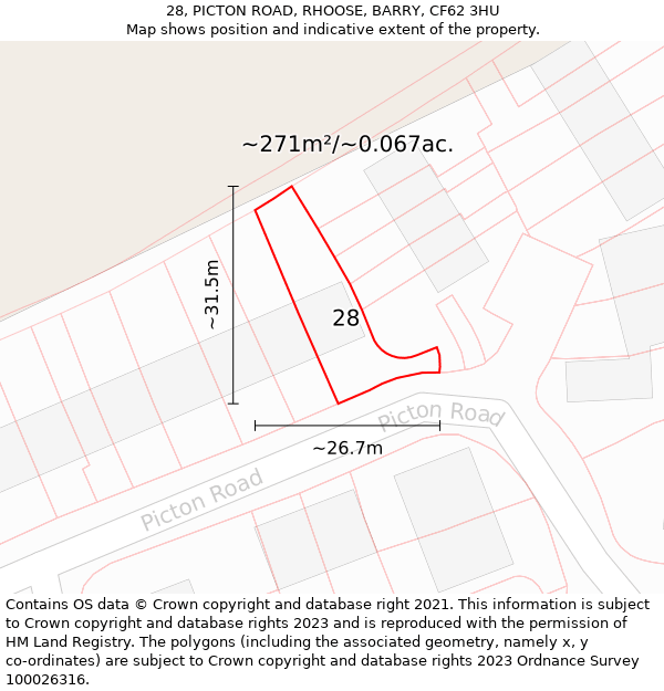 28, PICTON ROAD, RHOOSE, BARRY, CF62 3HU: Plot and title map