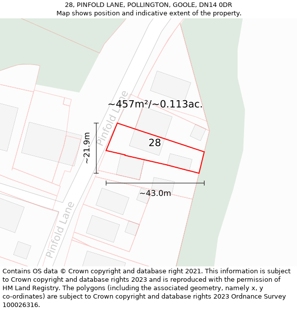 28, PINFOLD LANE, POLLINGTON, GOOLE, DN14 0DR: Plot and title map