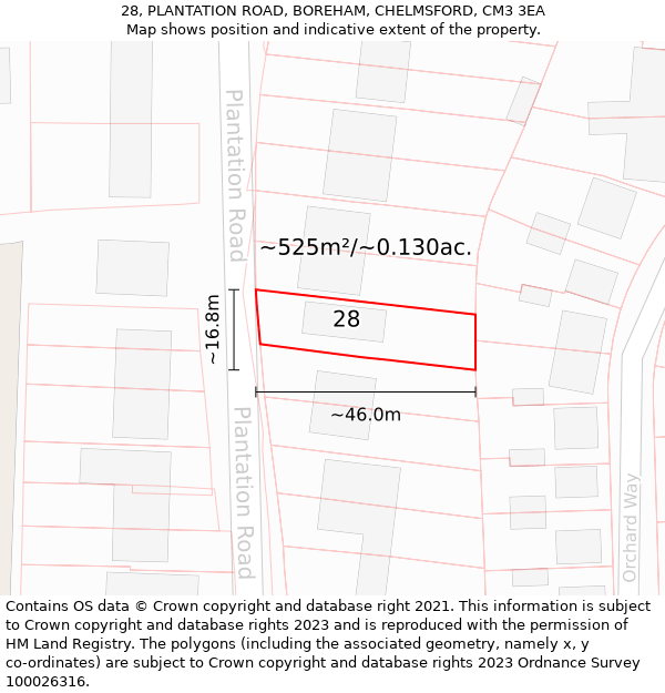 28, PLANTATION ROAD, BOREHAM, CHELMSFORD, CM3 3EA: Plot and title map