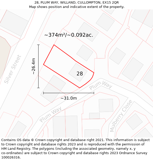 28, PLUM WAY, WILLAND, CULLOMPTON, EX15 2QR: Plot and title map