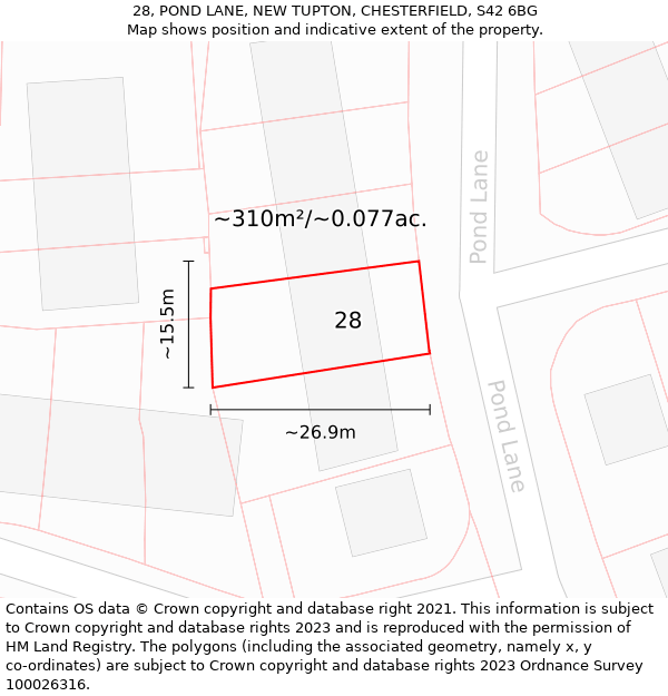 28, POND LANE, NEW TUPTON, CHESTERFIELD, S42 6BG: Plot and title map