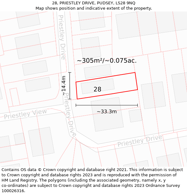 28, PRIESTLEY DRIVE, PUDSEY, LS28 9NQ: Plot and title map