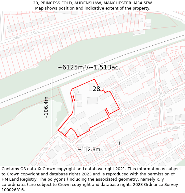 28, PRINCESS FOLD, AUDENSHAW, MANCHESTER, M34 5FW: Plot and title map