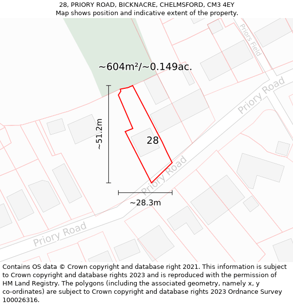 28, PRIORY ROAD, BICKNACRE, CHELMSFORD, CM3 4EY: Plot and title map