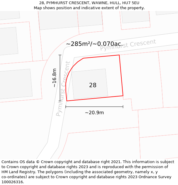 28, PYMHURST CRESCENT, WAWNE, HULL, HU7 5EU: Plot and title map