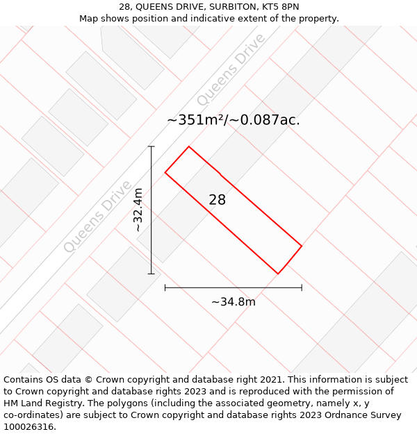 28, QUEENS DRIVE, SURBITON, KT5 8PN: Plot and title map