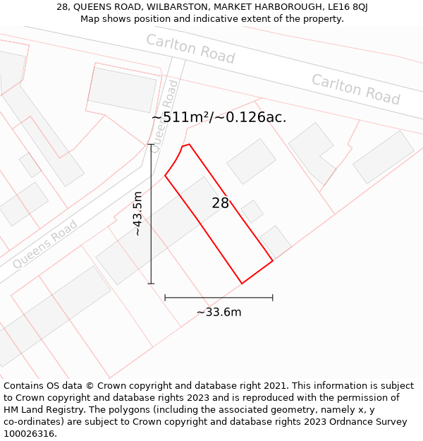 28, QUEENS ROAD, WILBARSTON, MARKET HARBOROUGH, LE16 8QJ: Plot and title map