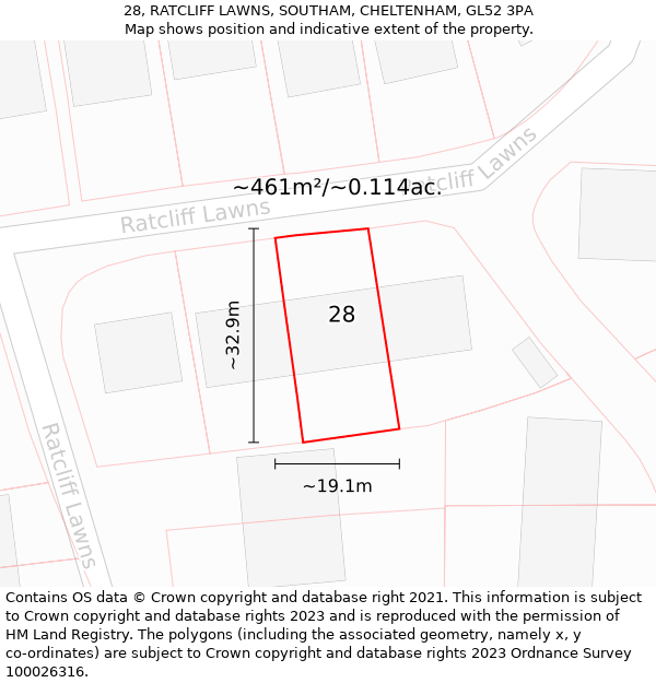 28, RATCLIFF LAWNS, SOUTHAM, CHELTENHAM, GL52 3PA: Plot and title map