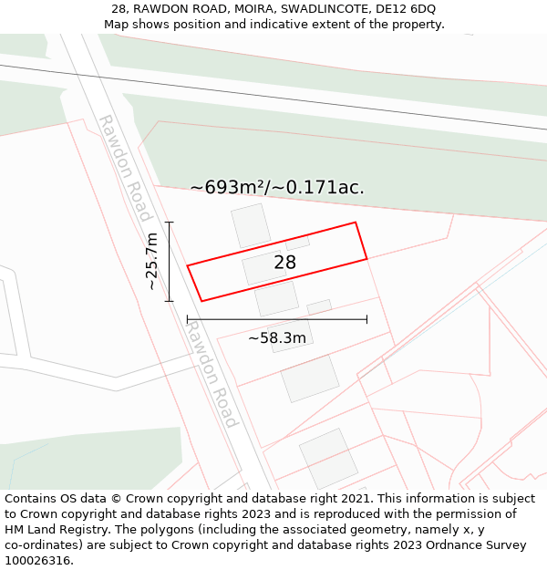 28, RAWDON ROAD, MOIRA, SWADLINCOTE, DE12 6DQ: Plot and title map