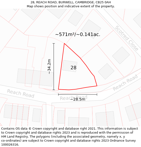 28, REACH ROAD, BURWELL, CAMBRIDGE, CB25 0AH: Plot and title map