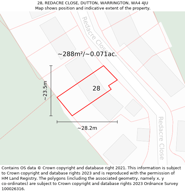 28, REDACRE CLOSE, DUTTON, WARRINGTON, WA4 4JU: Plot and title map