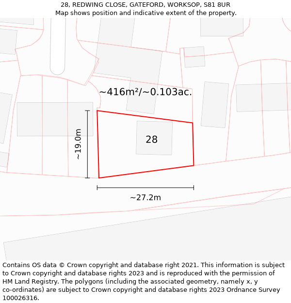 28, REDWING CLOSE, GATEFORD, WORKSOP, S81 8UR: Plot and title map