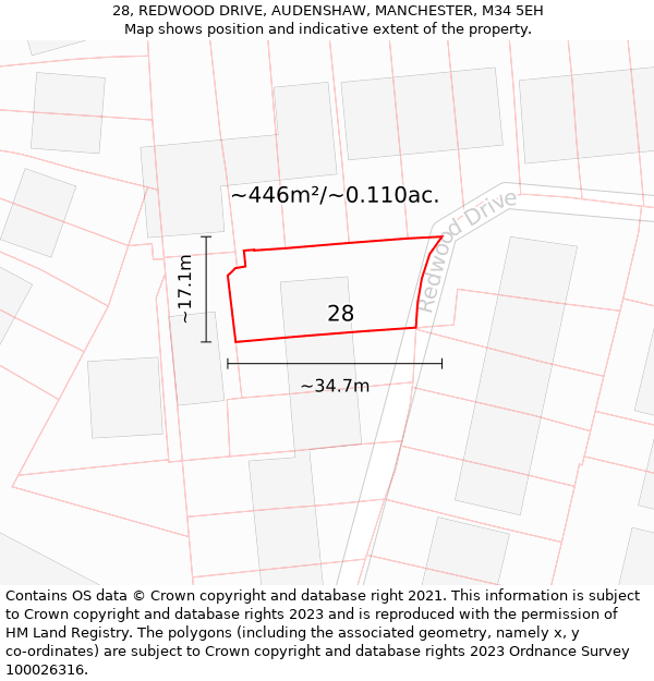 28, REDWOOD DRIVE, AUDENSHAW, MANCHESTER, M34 5EH: Plot and title map