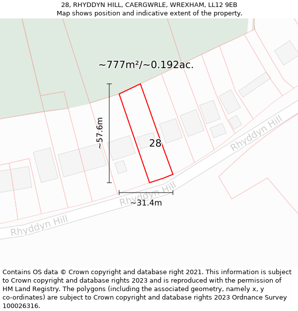 28, RHYDDYN HILL, CAERGWRLE, WREXHAM, LL12 9EB: Plot and title map