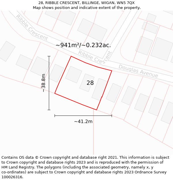 28, RIBBLE CRESCENT, BILLINGE, WIGAN, WN5 7QX: Plot and title map