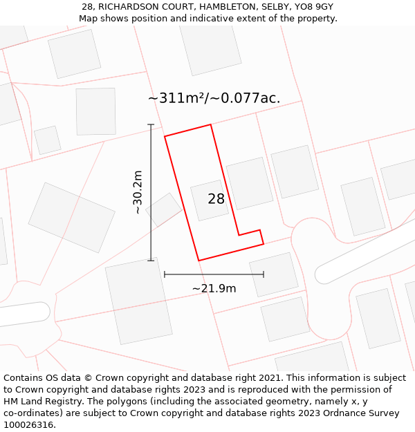 28, RICHARDSON COURT, HAMBLETON, SELBY, YO8 9GY: Plot and title map