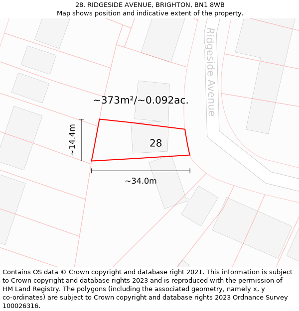 28, RIDGESIDE AVENUE, BRIGHTON, BN1 8WB: Plot and title map