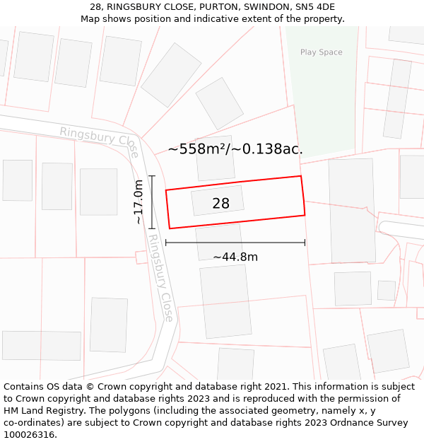 28, RINGSBURY CLOSE, PURTON, SWINDON, SN5 4DE: Plot and title map