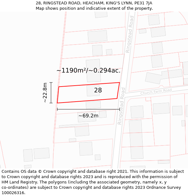 28, RINGSTEAD ROAD, HEACHAM, KING'S LYNN, PE31 7JA: Plot and title map