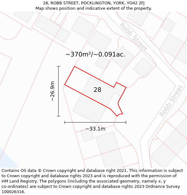 28, ROBB STREET, POCKLINGTON, YORK, YO42 2FJ: Plot and title map