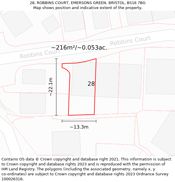 28, ROBBINS COURT, EMERSONS GREEN, BRISTOL, BS16 7BG: Plot and title map