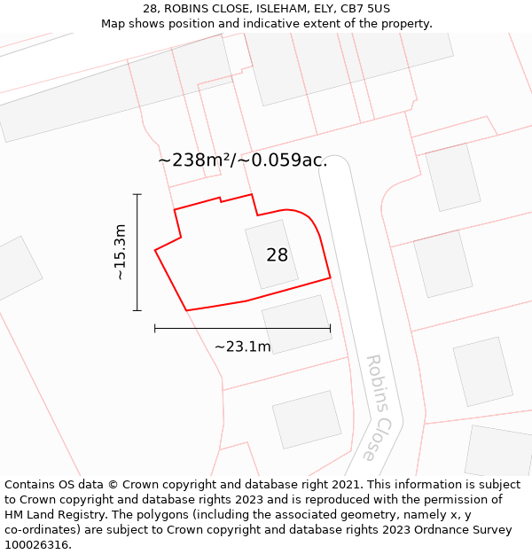 28, ROBINS CLOSE, ISLEHAM, ELY, CB7 5US: Plot and title map